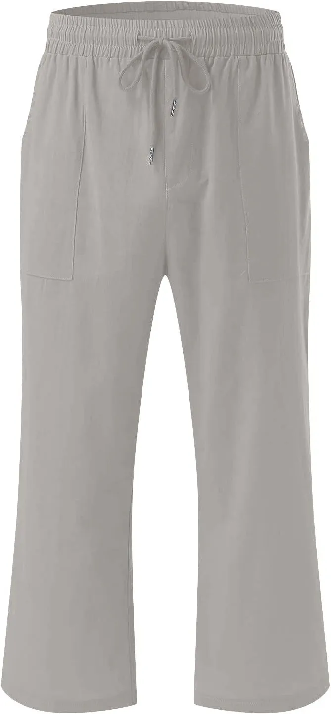 Ruziyoog Capris Pants for Women Cotton Linen Casual High Waist Drawstring Cropped Trouser Summer Loose Straight Wide Leg Pant