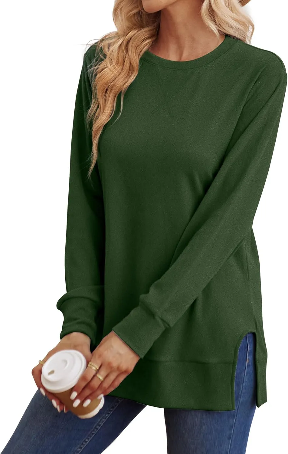 Saloogoe Sweatshirt for women Side Split Fall Fashion 2025 Long Sleeve Shirts Trending Now