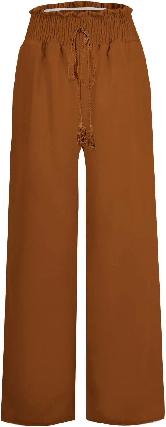 sdbrld Linen Pants Women High Waisted Lightweight Pants Drawstring Straight Leg Trousers Summer Elastic Pants with Pockets