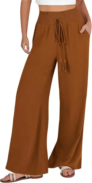 sdbrld Linen Pants Women High Waisted Lightweight Pants Drawstring Straight Leg Trousers Summer Elastic Pants with Pockets
