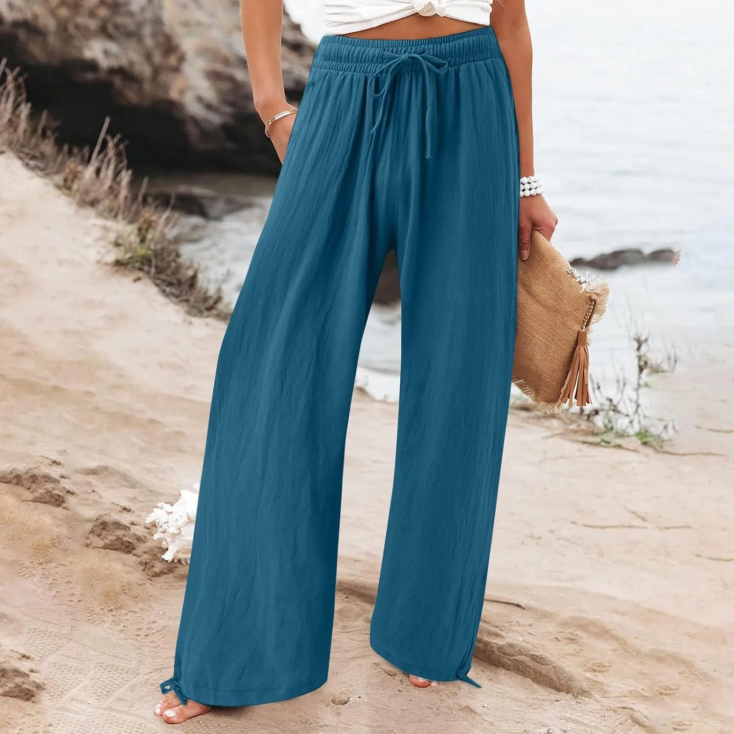SHAOBGE Women Linen Palazzo Pants Summer Boho Wide Leg High Waist Casual Lounge Pant Trousers with Pockets