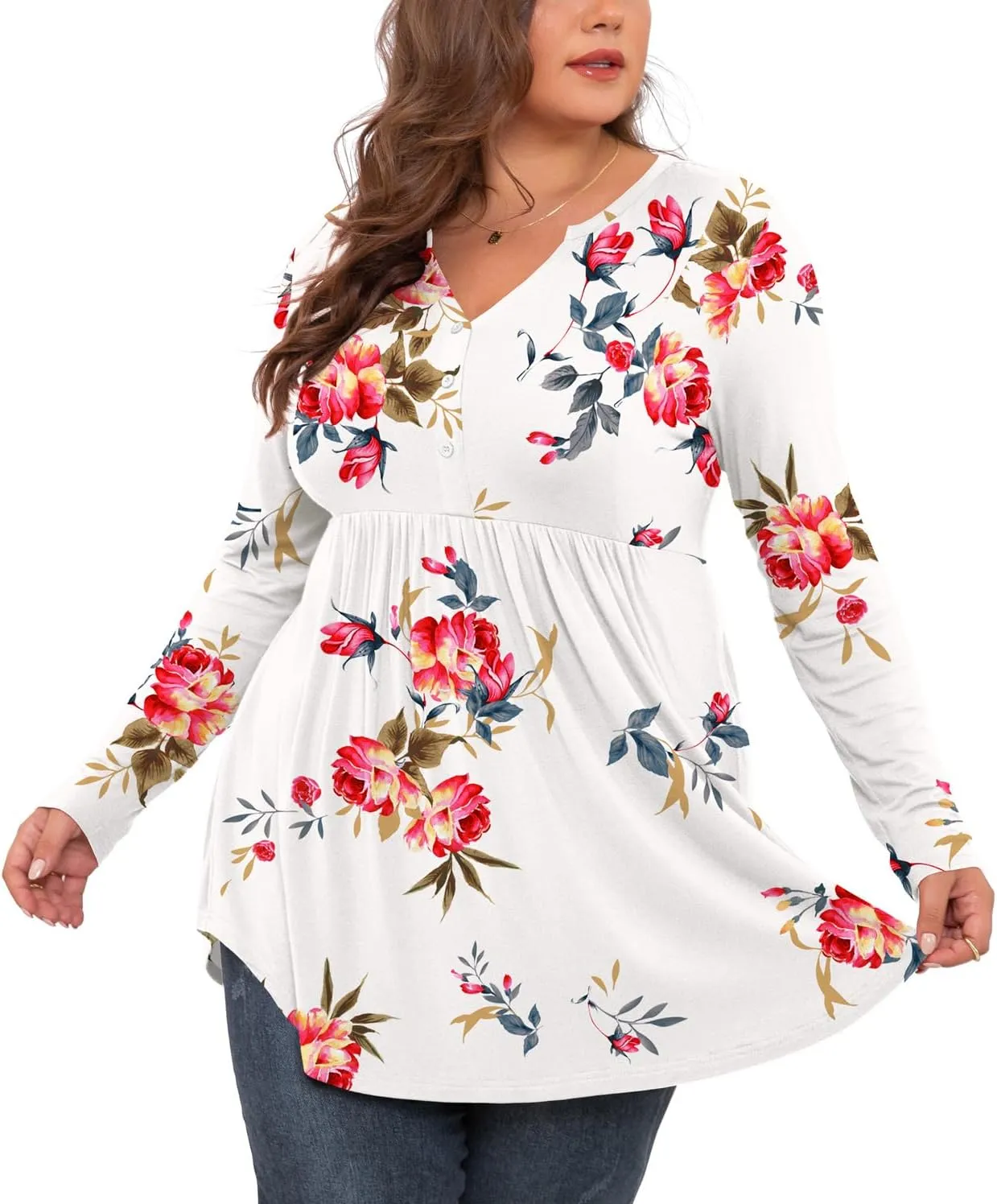 SHIJIALI Women's Plus Size Henley Shirts V Neck Button Tunic Tops Casual Long Sleeve Swing Flowy Blouse