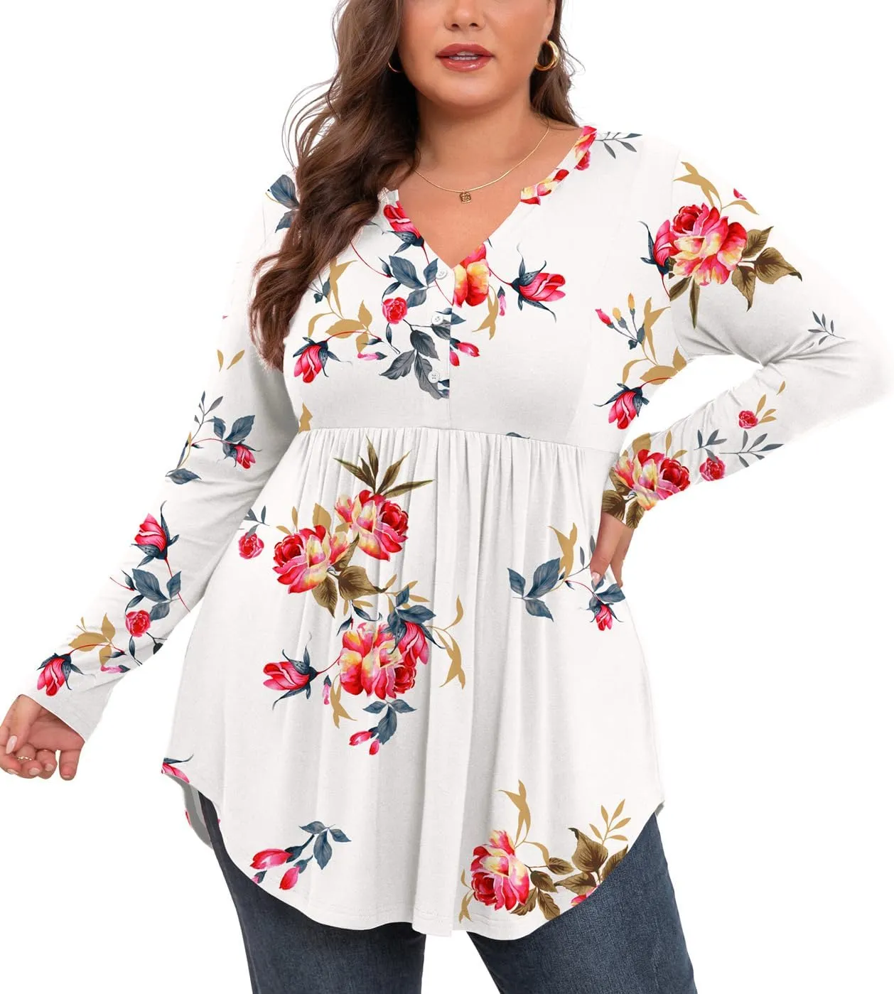 SHIJIALI Women's Plus Size Henley Shirts V Neck Button Tunic Tops Casual Long Sleeve Swing Flowy Blouse