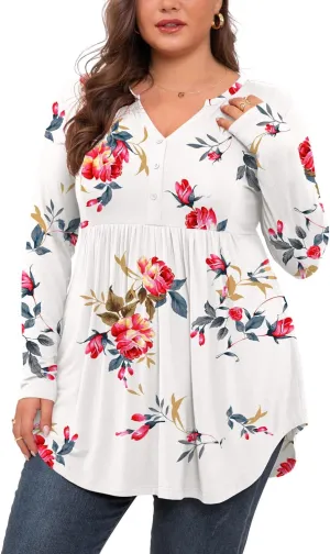 SHIJIALI Women's Plus Size Henley Shirts V Neck Button Tunic Tops Casual Long Sleeve Swing Flowy Blouse