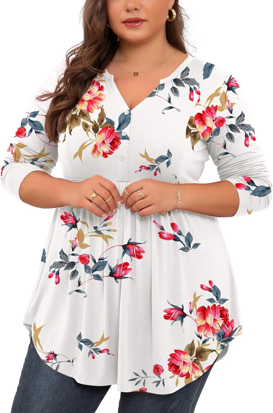 SHIJIALI Women's Plus Size Henley Shirts V Neck Button Tunic Tops Casual Long Sleeve Swing Flowy Blouse