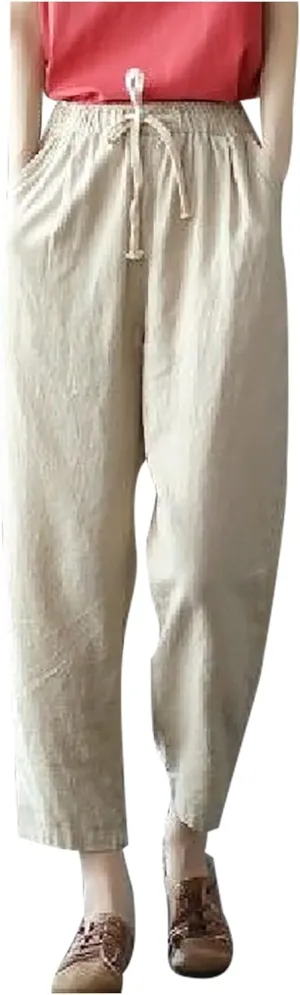 SMIDOW Cotton Linen Cropped Pants for Women Casual Straight Leg Drawstring Elastic Waist Capris Loose Lounge Trousers
