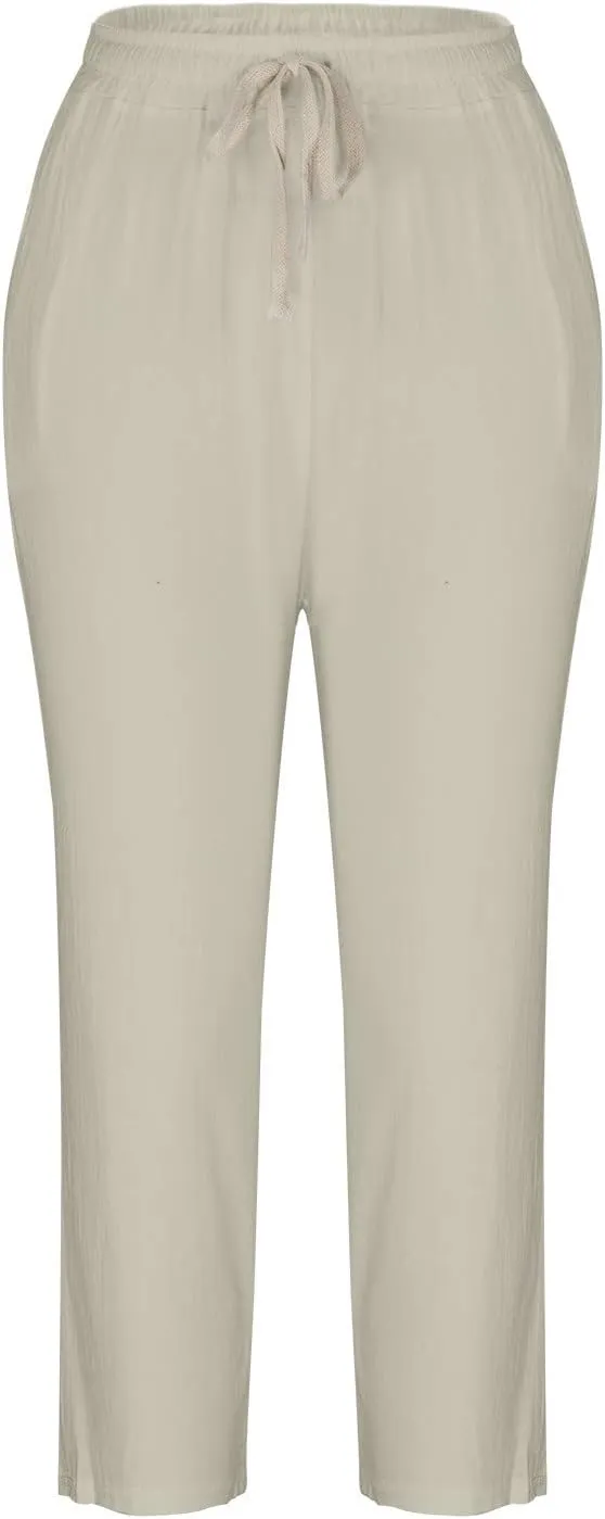 SMIDOW Cotton Linen Cropped Pants for Women Casual Straight Leg Drawstring Elastic Waist Capris Loose Lounge Trousers