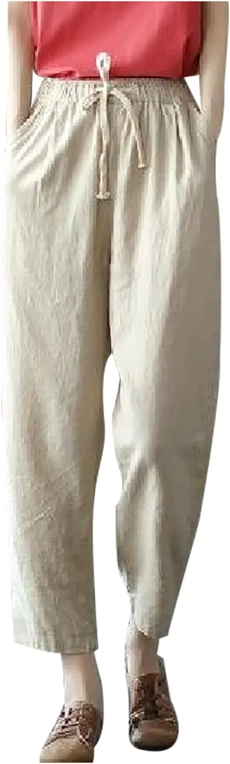 SMIDOW Cotton Linen Cropped Pants for Women Casual Straight Leg Drawstring Elastic Waist Capris Loose Lounge Trousers