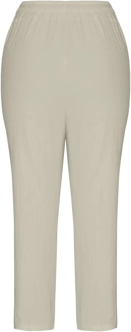 SMIDOW Cotton Linen Cropped Pants for Women Casual Straight Leg Drawstring Elastic Waist Capris Loose Lounge Trousers
