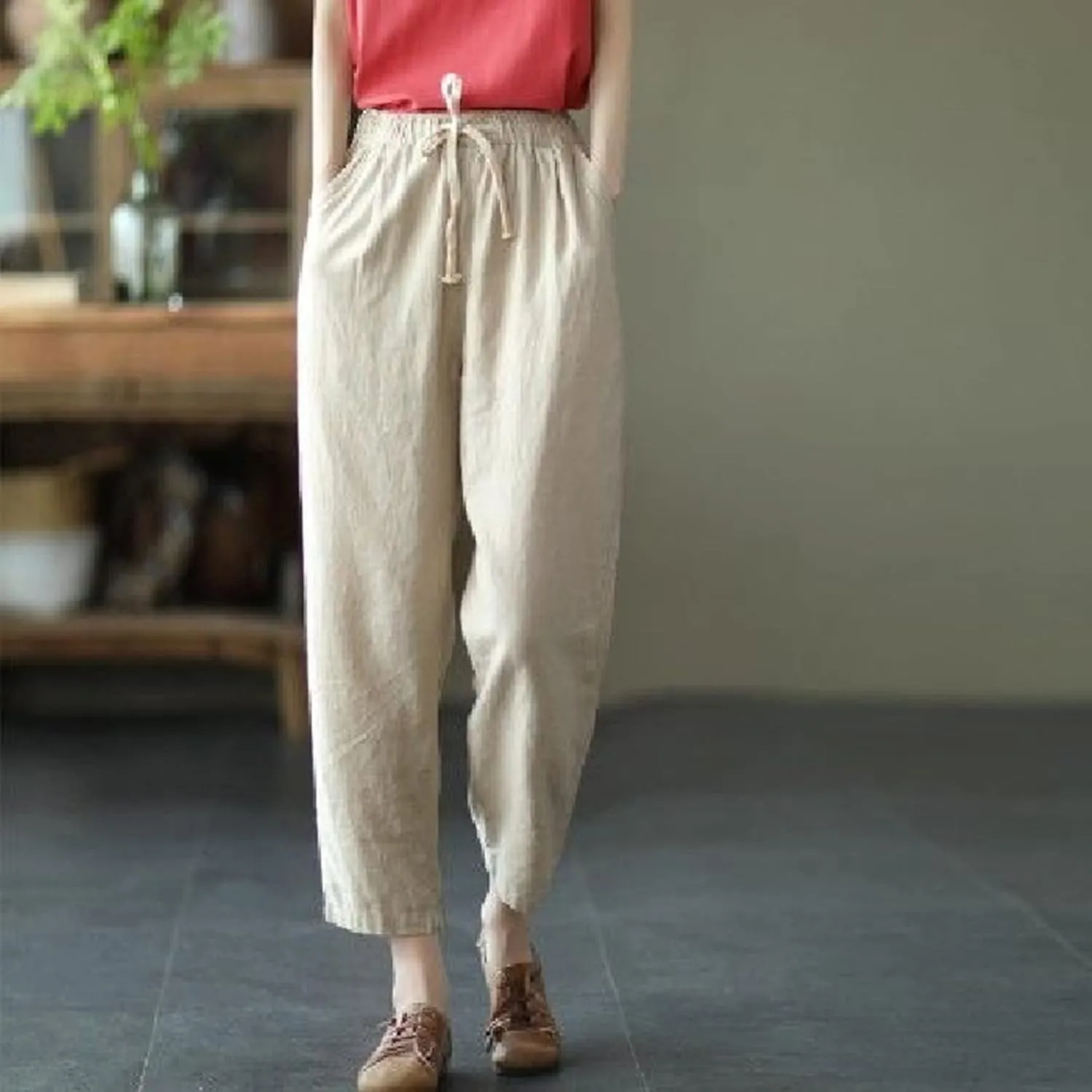 SMIDOW Cotton Linen Cropped Pants for Women Casual Straight Leg Drawstring Elastic Waist Capris Loose Lounge Trousers