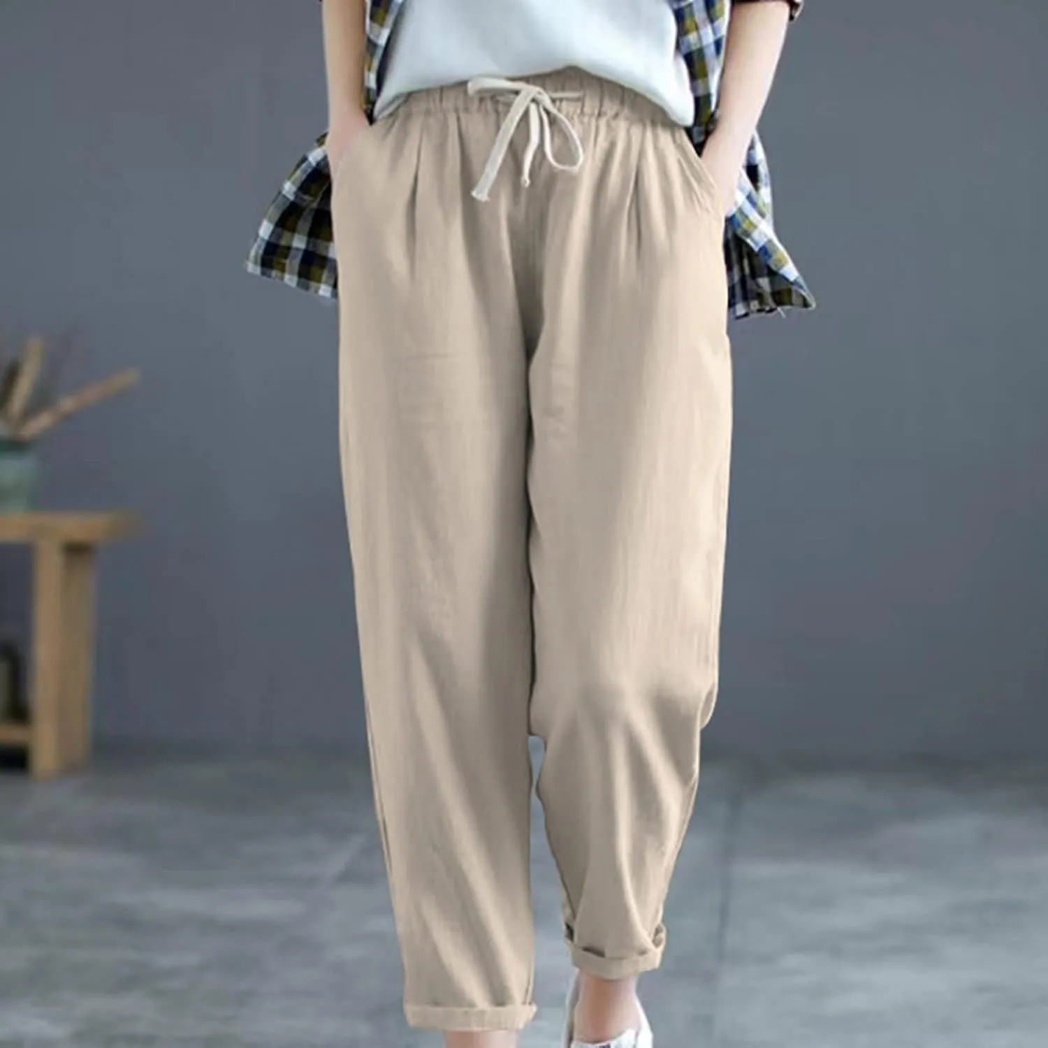 SMIDOW Cotton Linen Cropped Pants for Women Casual Straight Leg Drawstring Elastic Waist Capris Loose Lounge Trousers