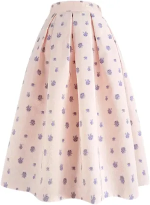 Spring Summer Vintage Elegant Plum Blossom Embroidery Aesthetic High Waist Midi Pleated Skirt