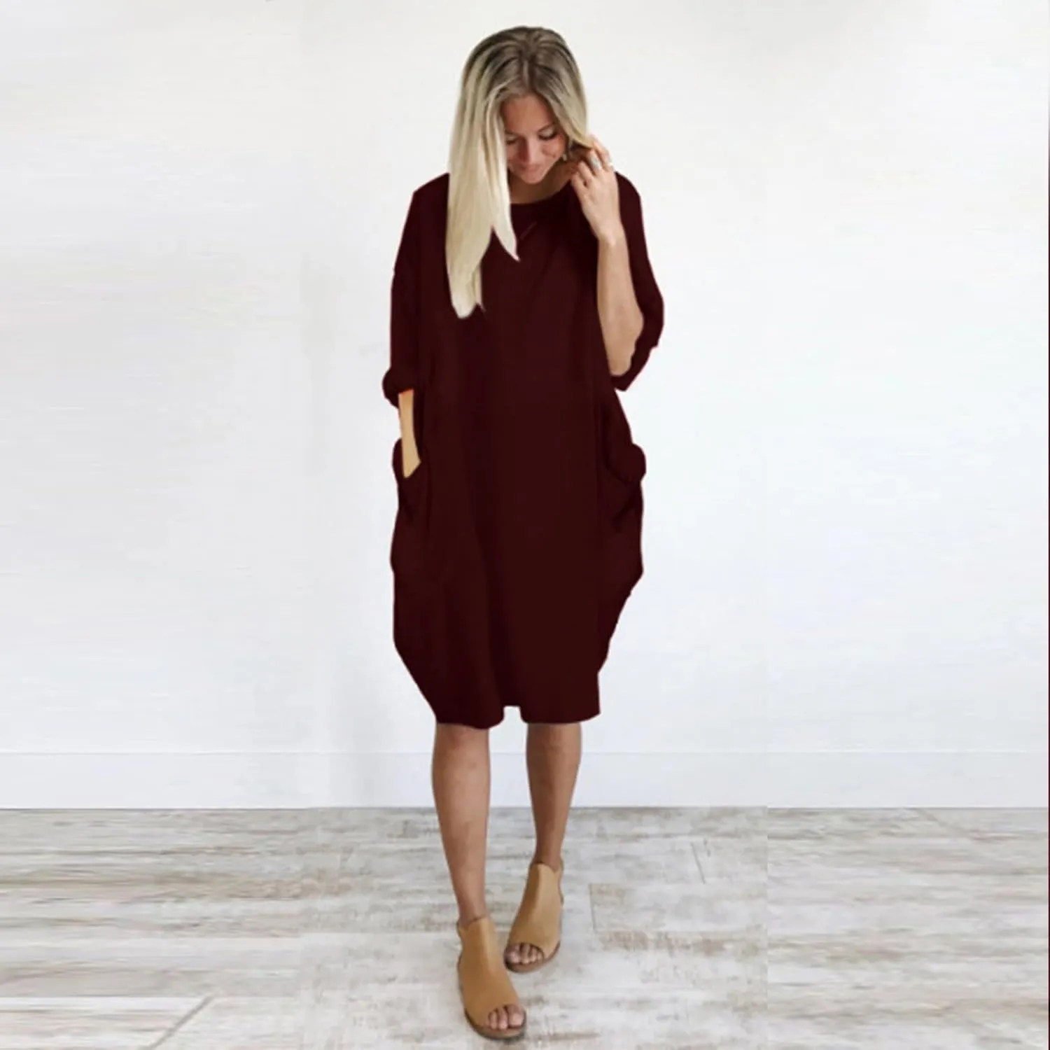 Summer Dresses for Women 2025, Baggy Curvy Sleeve Oversized Tshirt Dress Colorful Solid Round Neck Dresses with Pockets