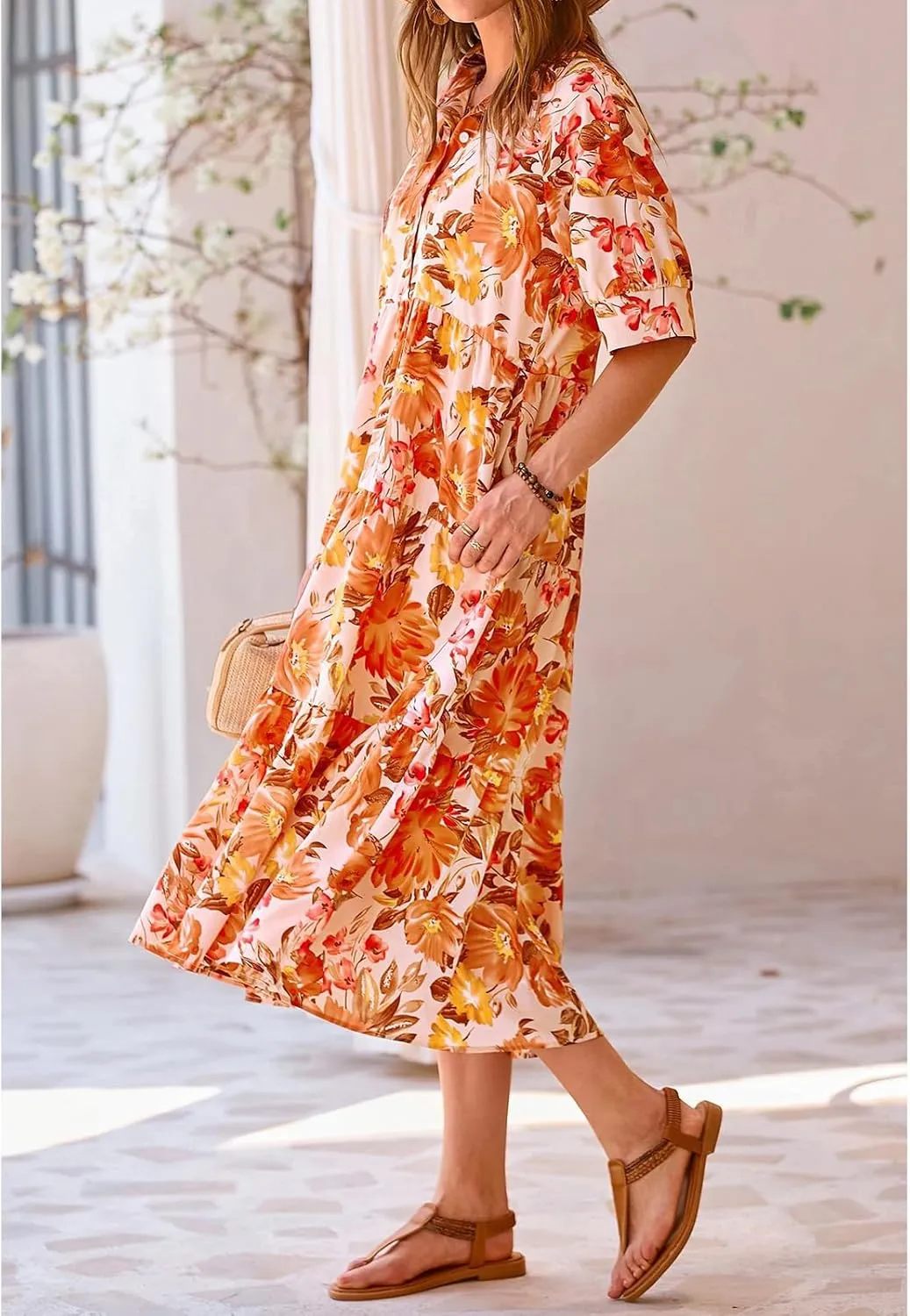 Summer Dresses for Women 2025 Button Down Coolared Shirts Maxi Dress Boho Floral Sundress with Pocket Maxi