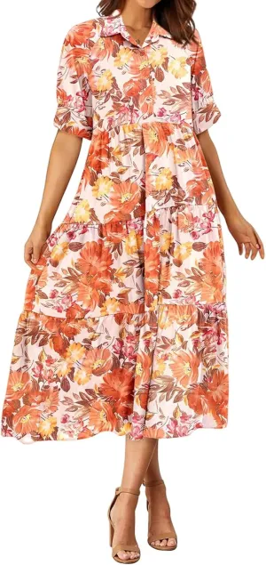 Summer Dresses for Women 2025 Button Down Coolared Shirts Maxi Dress Boho Floral Sundress with Pocket Maxi