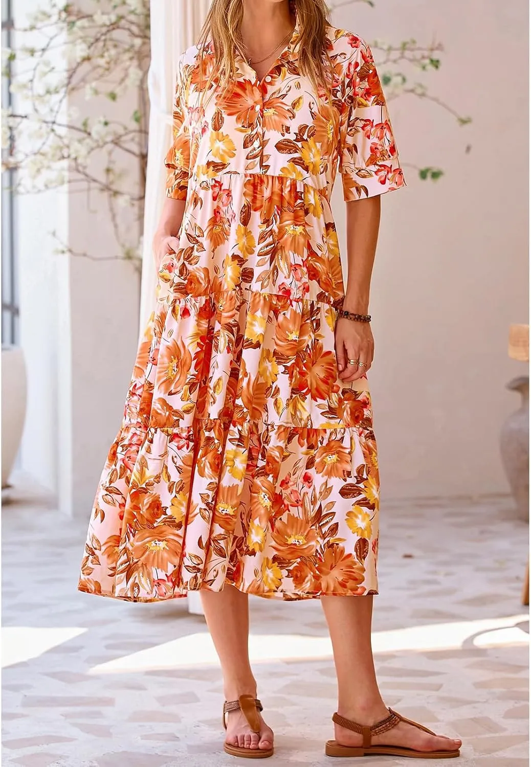 Summer Dresses for Women 2025 Button Down Coolared Shirts Maxi Dress Boho Floral Sundress with Pocket Maxi