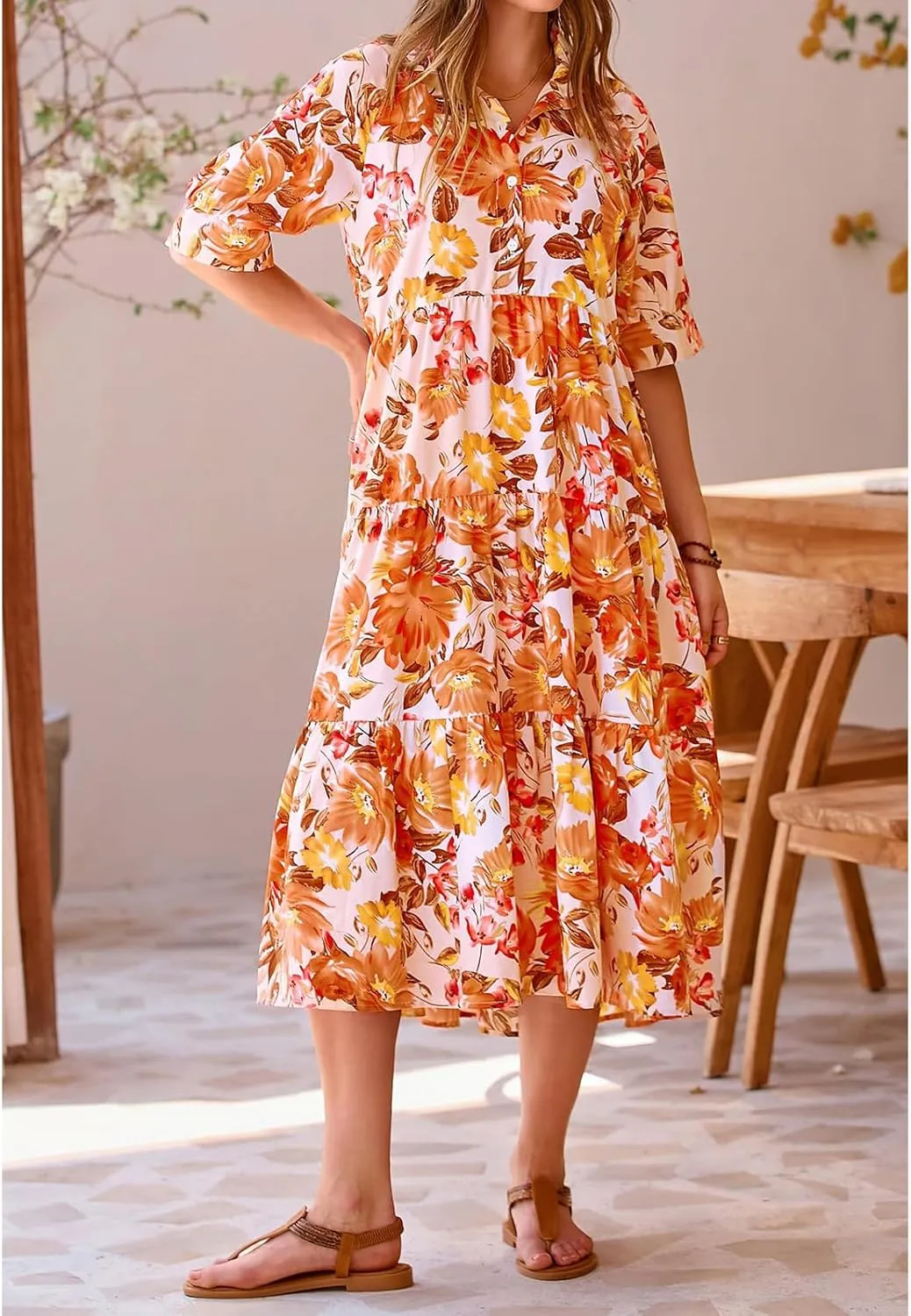 Summer Dresses for Women 2025 Button Down Coolared Shirts Maxi Dress Boho Floral Sundress with Pocket Maxi