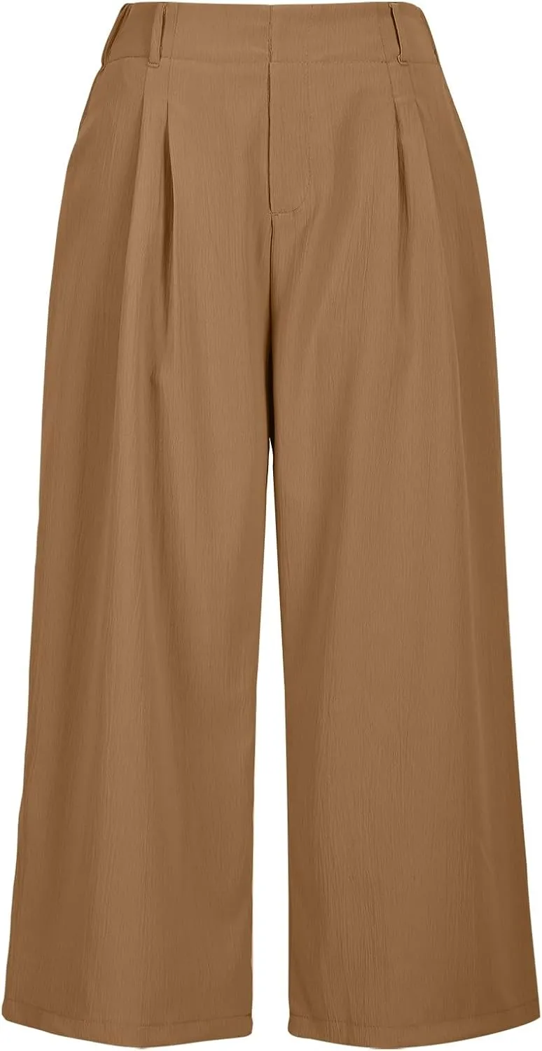 Summer Dressy Cropped Pants for Women High Waist Wide Leg Capris Loose Casual Work Pant Crop Trousers with Pocket