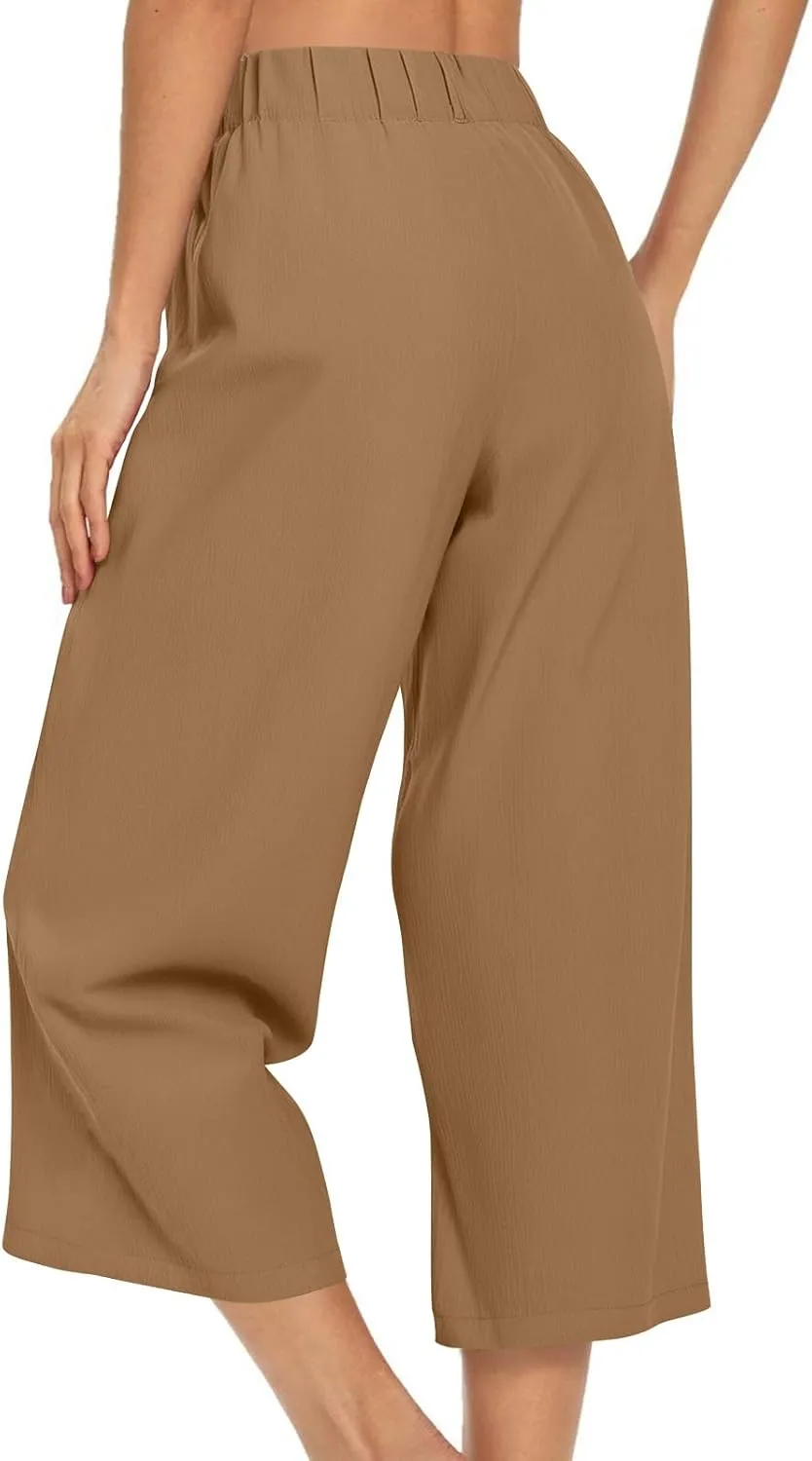 Summer Dressy Cropped Pants for Women High Waist Wide Leg Capris Loose Casual Work Pant Crop Trousers with Pocket