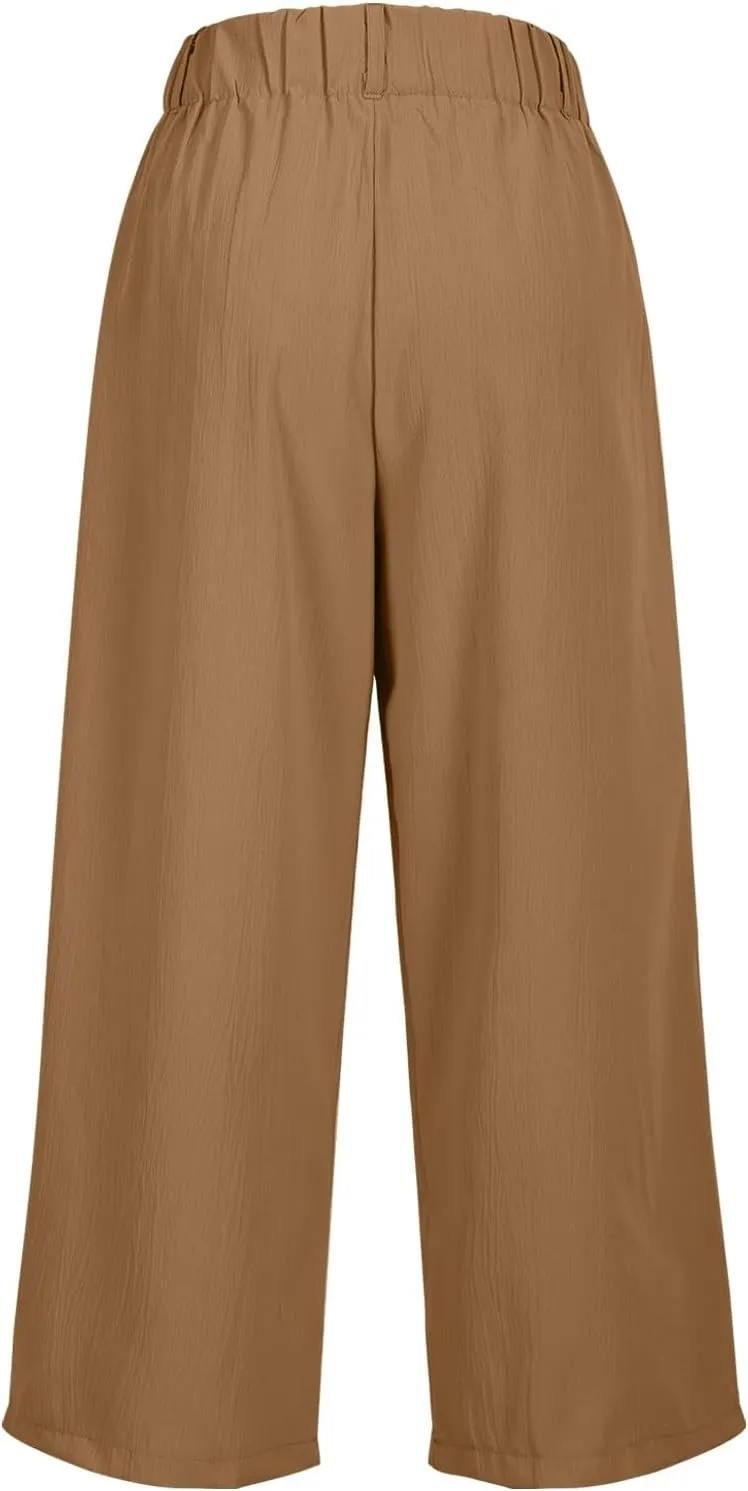 Summer Dressy Cropped Pants for Women High Waist Wide Leg Capris Loose Casual Work Pant Crop Trousers with Pocket