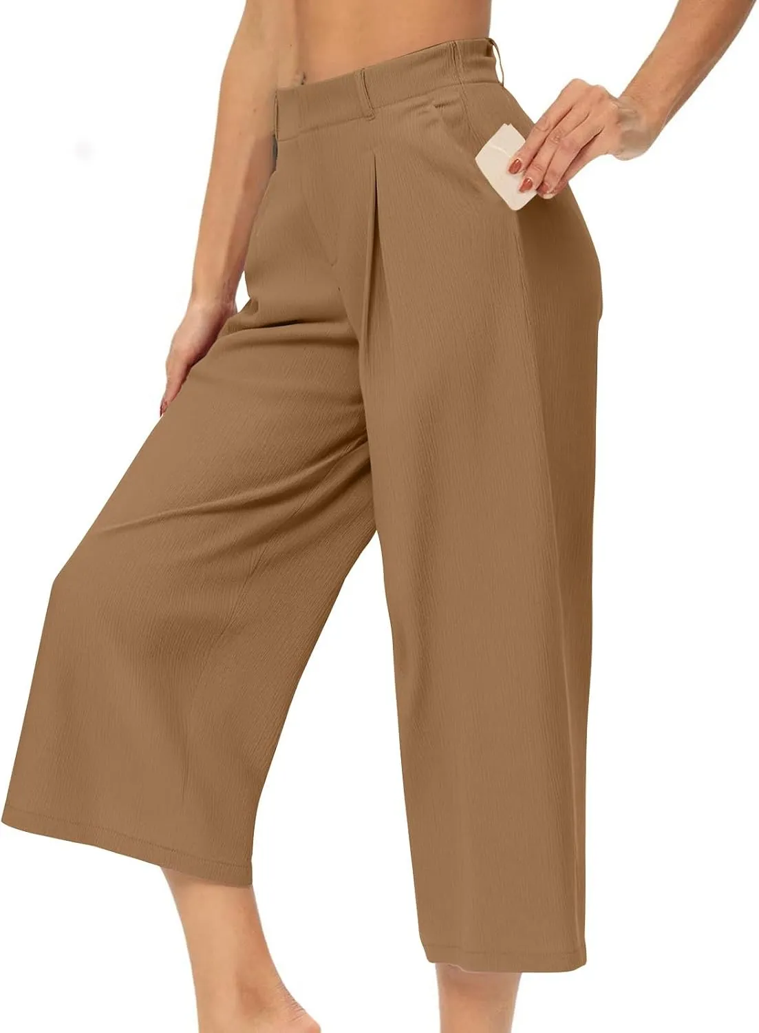 Summer Dressy Cropped Pants for Women High Waist Wide Leg Capris Loose Casual Work Pant Crop Trousers with Pocket