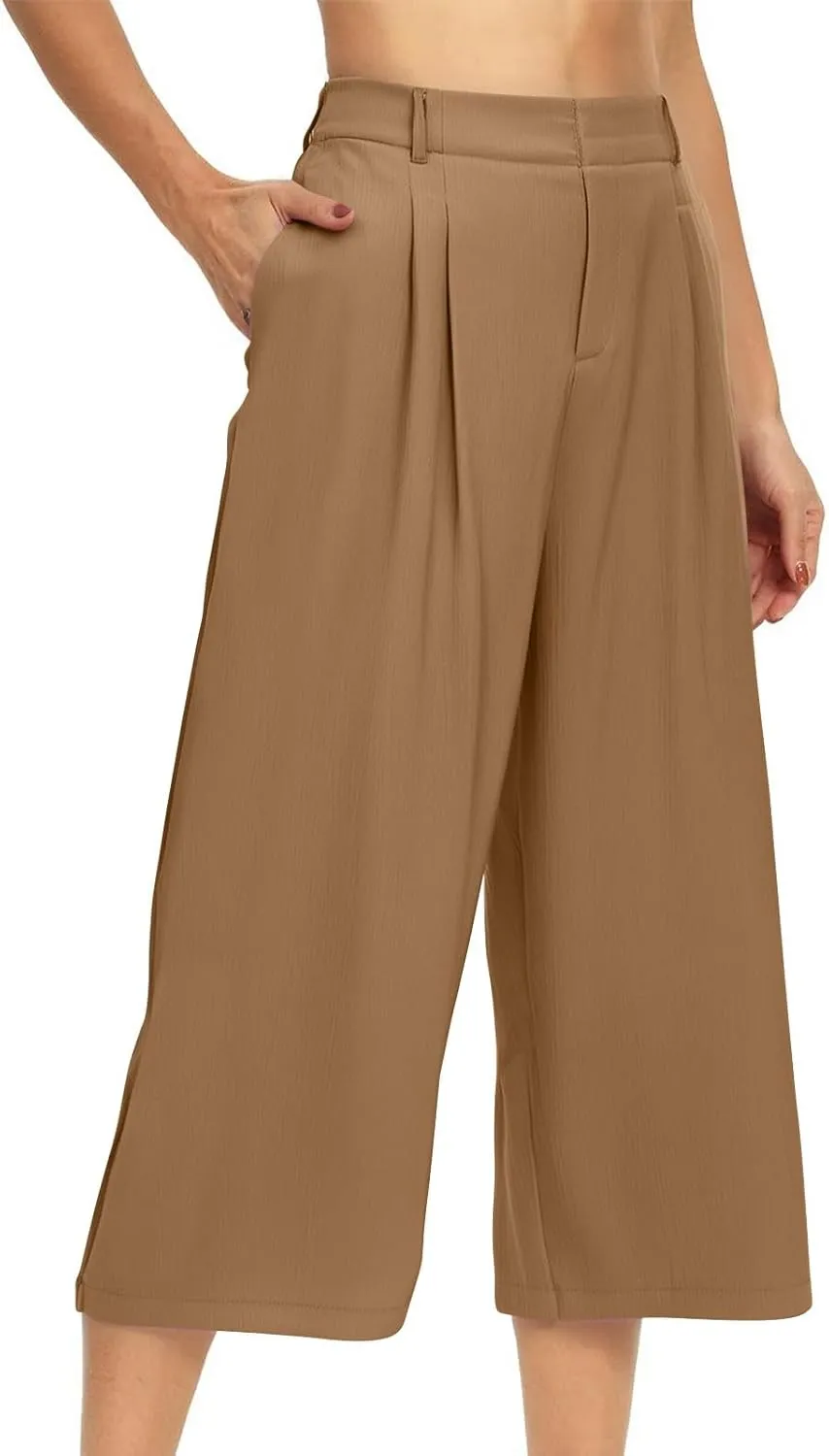 Summer Dressy Cropped Pants for Women High Waist Wide Leg Capris Loose Casual Work Pant Crop Trousers with Pocket
