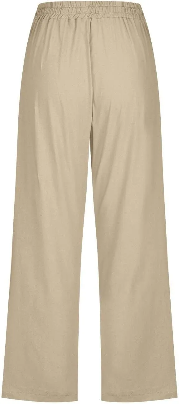 Summer Linen Capris for Women Casual Loose Wide Leg Trousers with Pockets Lightweight High Waisted Cropped Pants