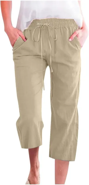 Summer Linen Capris for Women Casual Loose Wide Leg Trousers with Pockets Lightweight High Waisted Cropped Pants