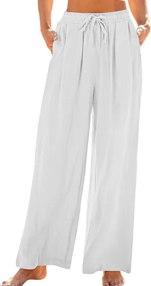 Summer Pants for Women 2025 Cotton Linen Wide Leg Pants Drawstring Elastic Waist Flowy Trousers with Pockets