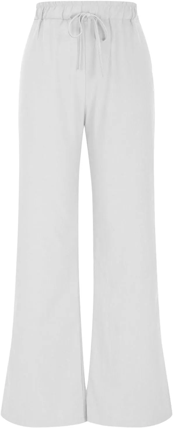 Summer Pants for Women 2025 Cotton Linen Wide Leg Pants Drawstring Elastic Waist Flowy Trousers with Pockets