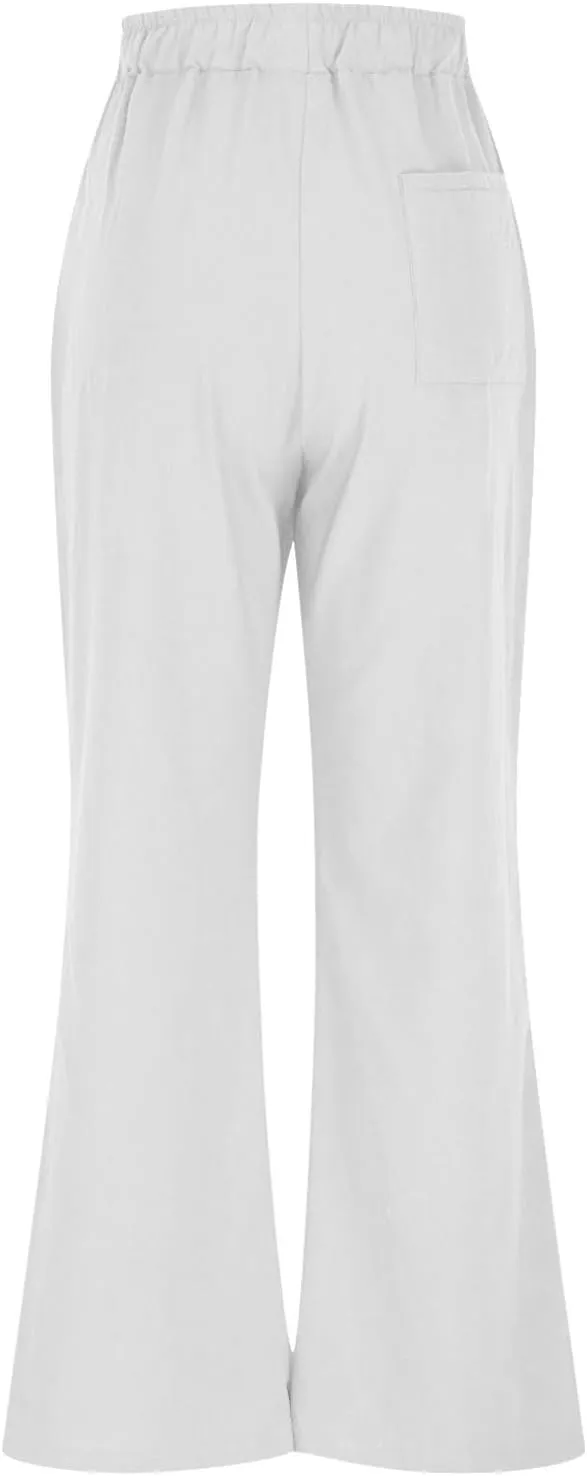 Summer Pants for Women 2025 Cotton Linen Wide Leg Pants Drawstring Elastic Waist Flowy Trousers with Pockets
