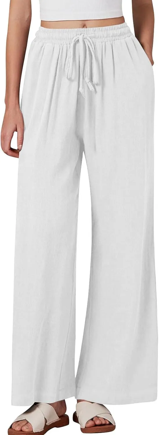 Summer Pants for Women 2025 Cotton Linen Wide Leg Pants Drawstring Elastic Waist Flowy Trousers with Pockets