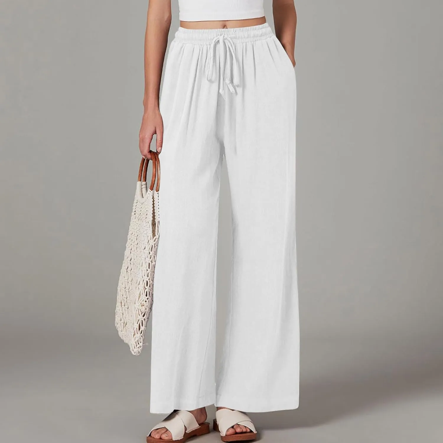Summer Pants for Women 2025 Cotton Linen Wide Leg Pants Drawstring Elastic Waist Flowy Trousers with Pockets