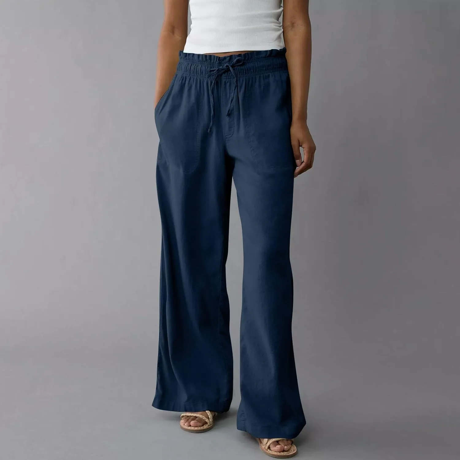 Summer Pants for Women 2025 Petite Drawstring High Waisted Linen Pants Lightweight Straight Leg Baggy Beach Trousers