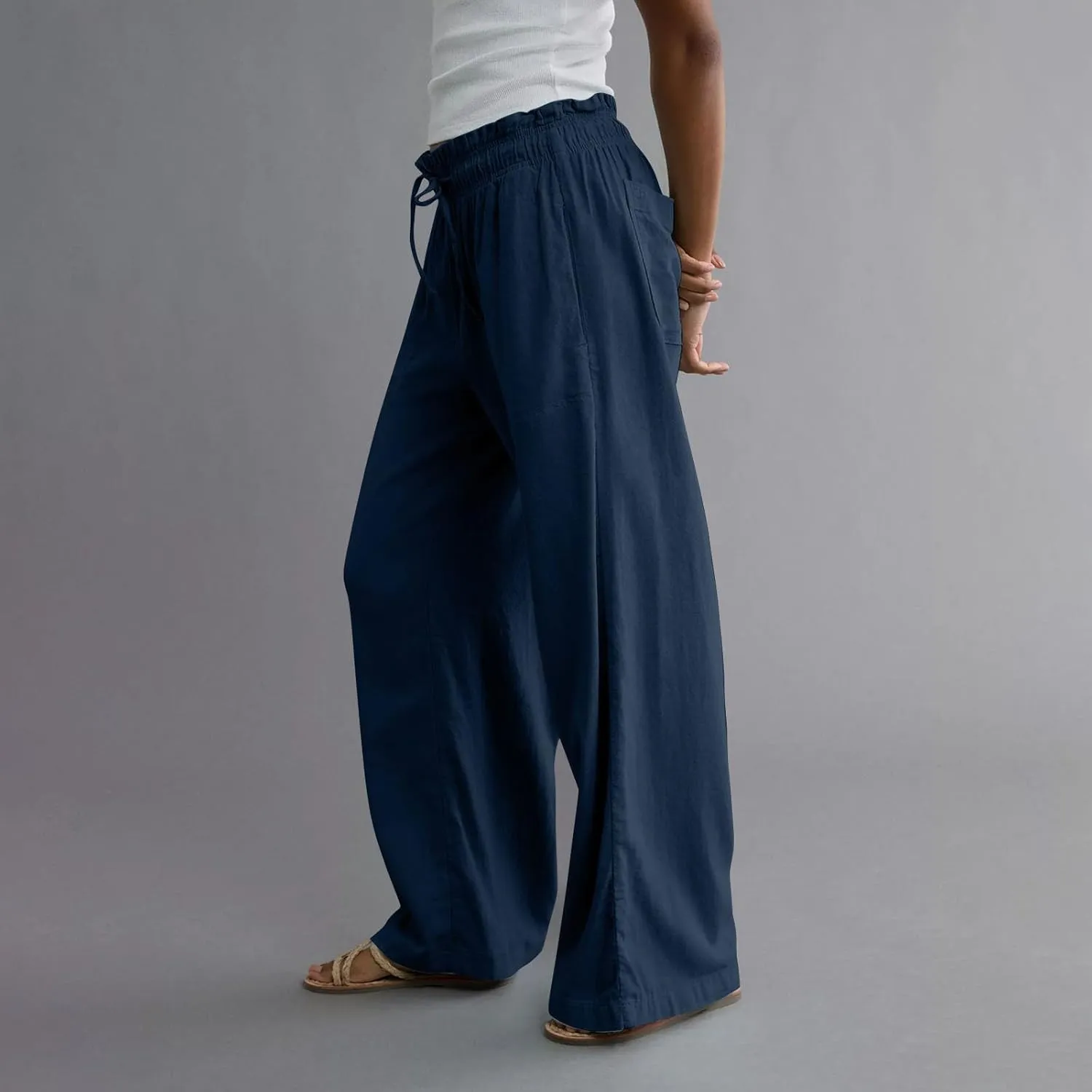Summer Pants for Women 2025 Petite Drawstring High Waisted Linen Pants Lightweight Straight Leg Baggy Beach Trousers