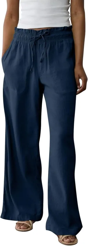 Summer Pants for Women 2025 Petite Drawstring High Waisted Linen Pants Lightweight Straight Leg Baggy Beach Trousers