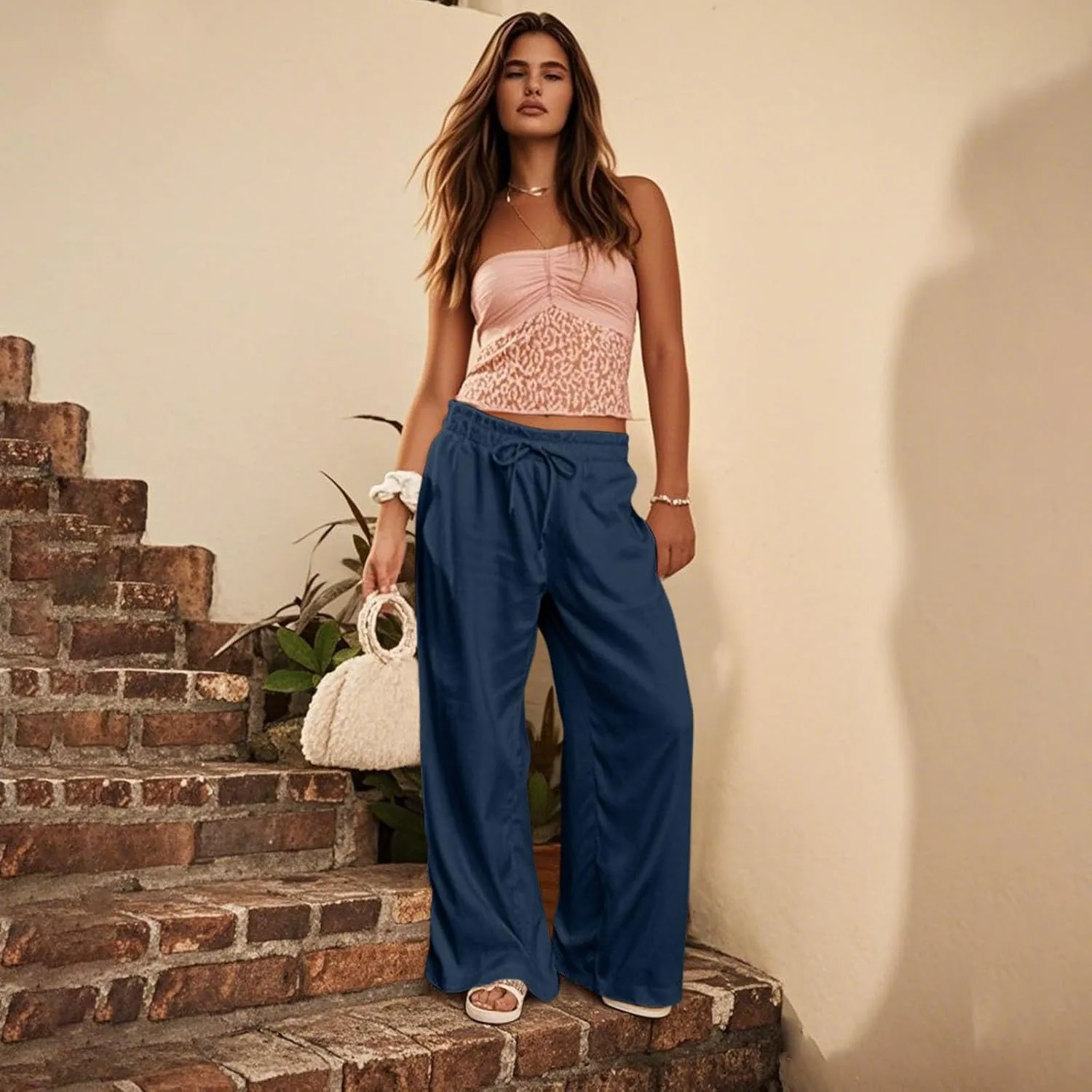 Summer Pants for Women 2025 Petite Drawstring High Waisted Linen Pants Lightweight Straight Leg Baggy Beach Trousers
