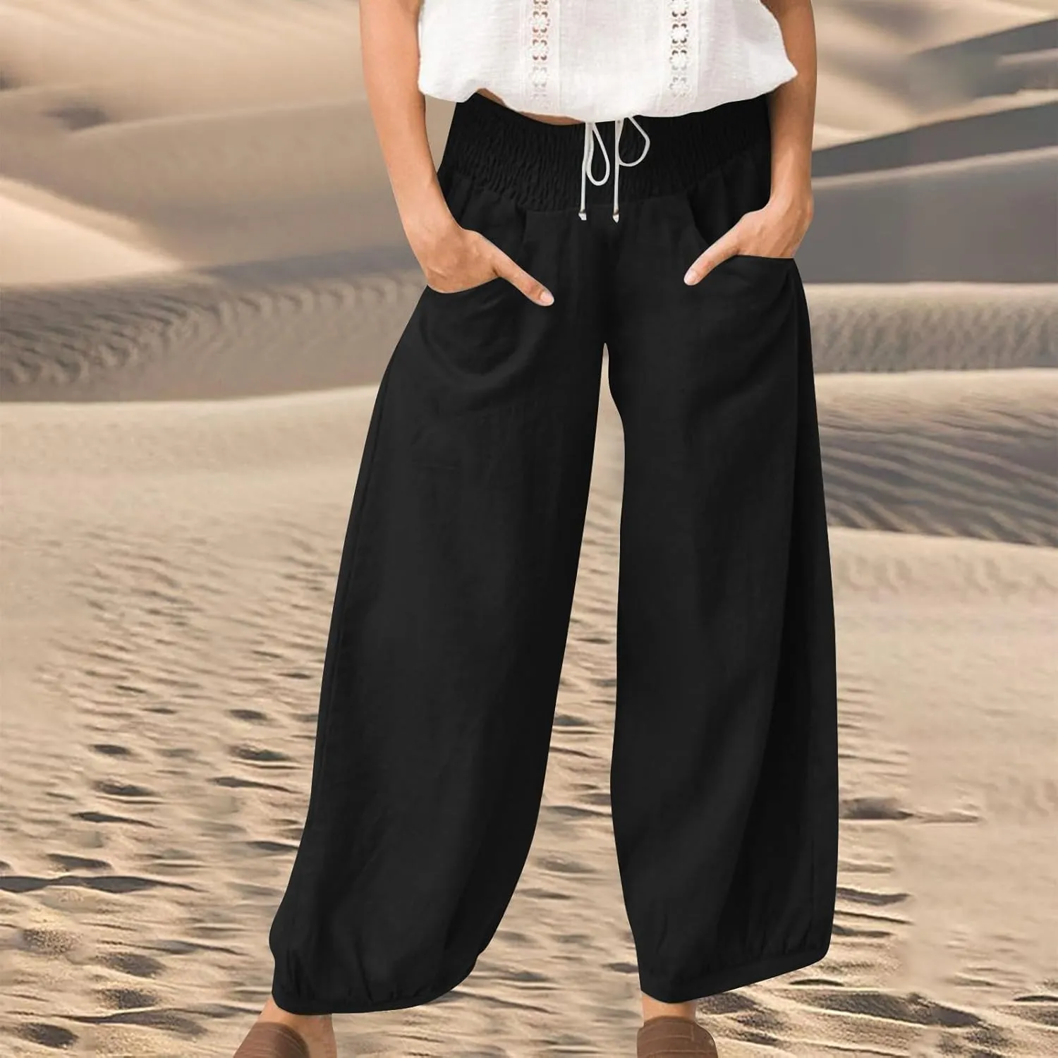 Summer Pants for Women Tall Wide Leg Summer Linen Pants Elastic Waist Loose Fit Baggy Palazzo Trousers with Pockets