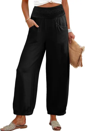 Summer Pants for Women Tall Wide Leg Summer Linen Pants Elastic Waist Loose Fit Baggy Palazzo Trousers with Pockets
