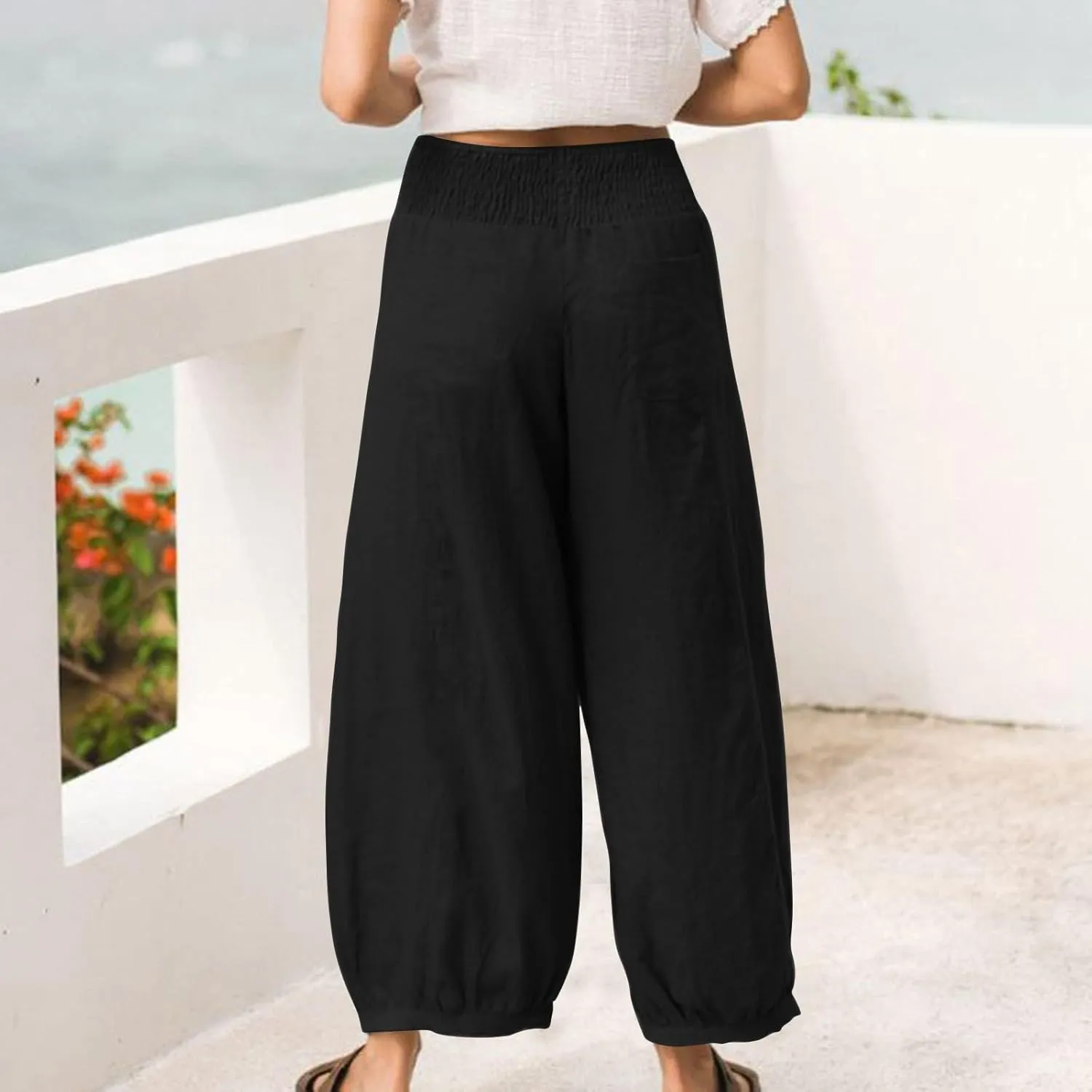 Summer Pants for Women Tall Wide Leg Summer Linen Pants Elastic Waist Loose Fit Baggy Palazzo Trousers with Pockets