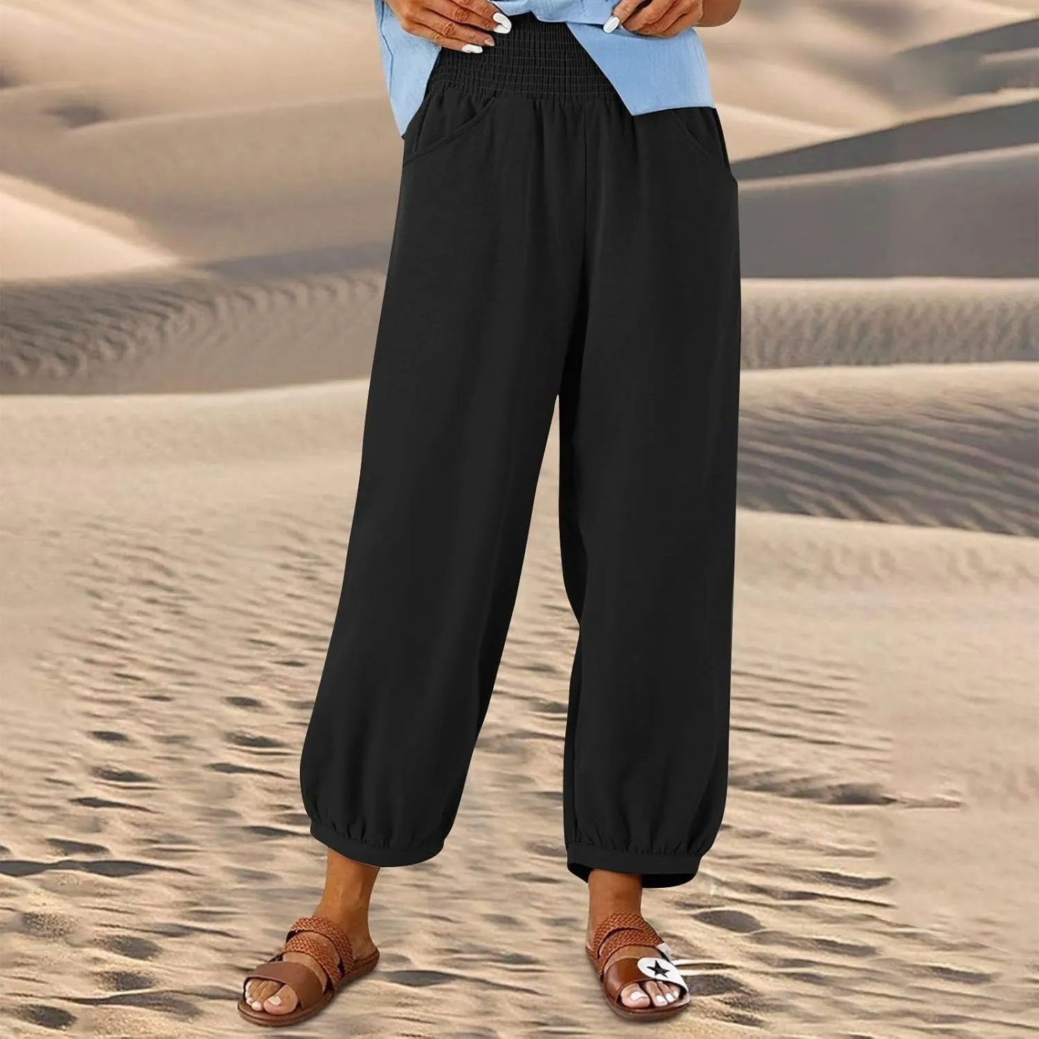 Summer Pants for Women Tall Wide Leg Summer Linen Pants Elastic Waist Loose Fit Baggy Palazzo Trousers with Pockets