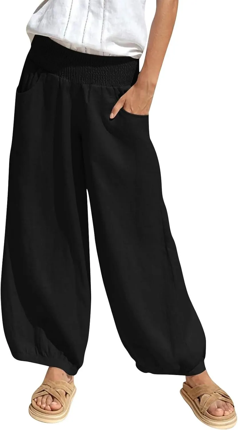 Summer Pants for Women Tall Wide Leg Summer Linen Pants Elastic Waist Loose Fit Baggy Palazzo Trousers with Pockets