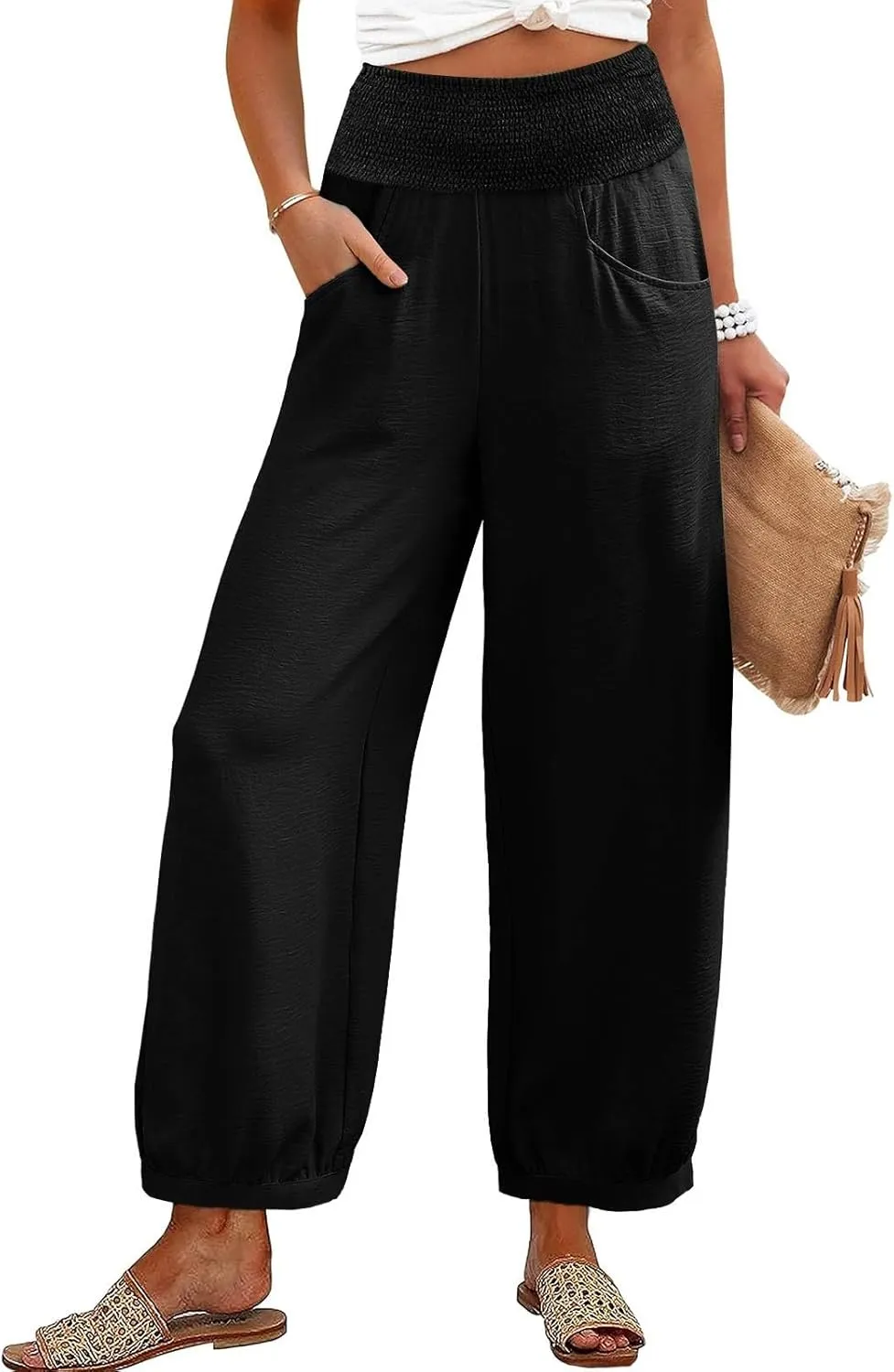 Summer Pants for Women Tall Wide Leg Summer Linen Pants Elastic Waist Loose Fit Baggy Palazzo Trousers with Pockets