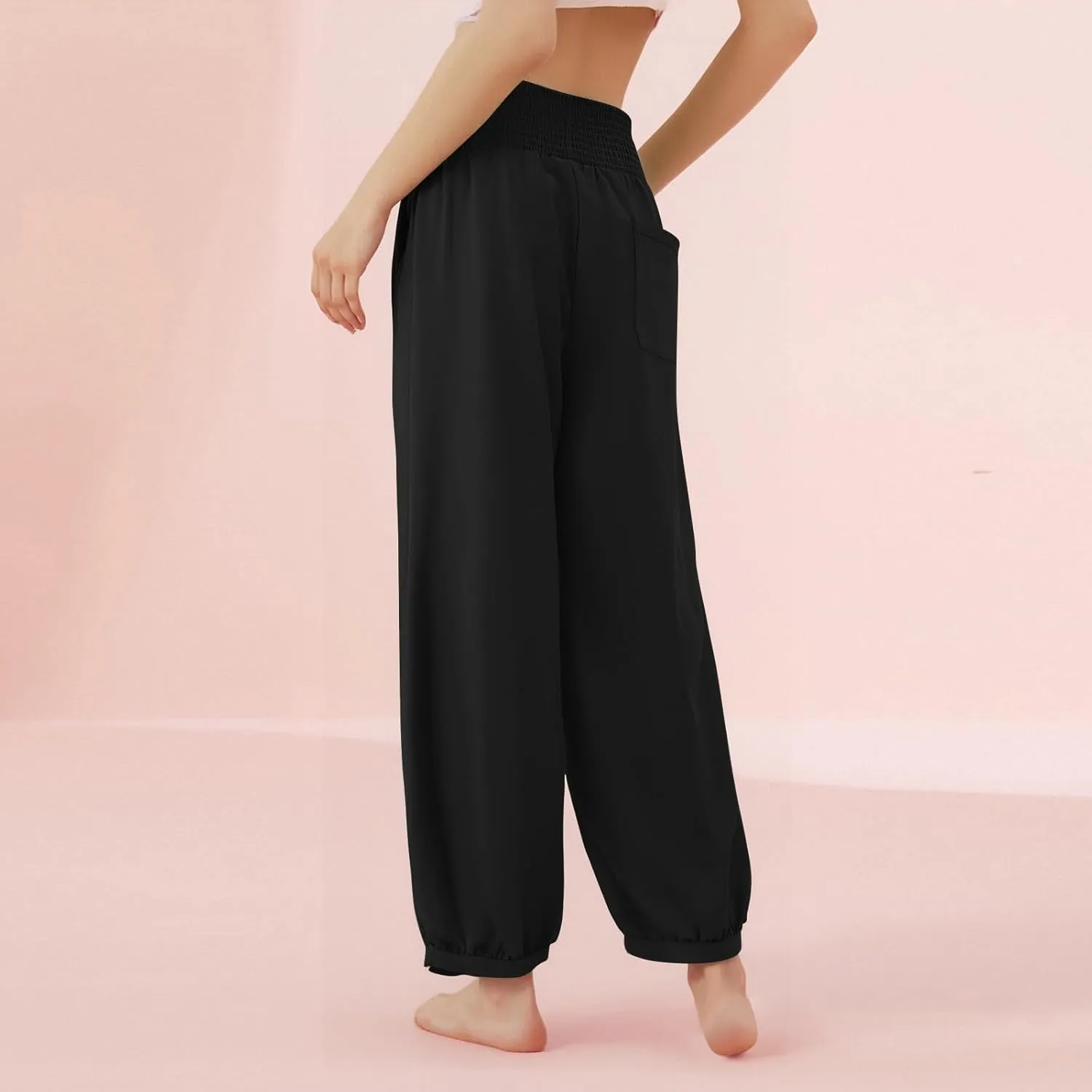 Summer Pants for Women Tall Wide Leg Summer Linen Pants Elastic Waist Loose Fit Baggy Palazzo Trousers with Pockets