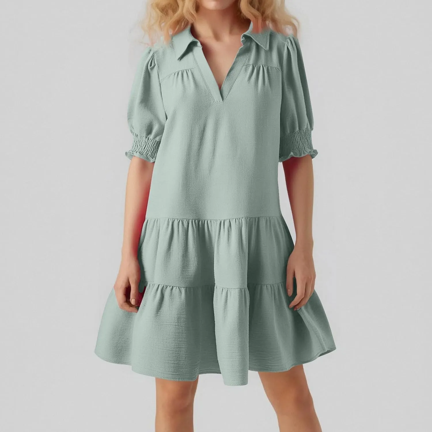 T Shirt Dresses for Women 2025 Puff Sleeve A Line Mini Babydoll Dress Loose Lapel V Neck Short Summer Dresses Trendy