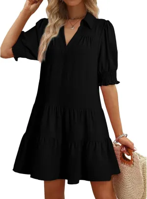 T Shirt Dresses for Women 2025 Puff Sleeve A Line Mini Babydoll Dress Loose Lapel V Neck Short Summer Dresses Trendy