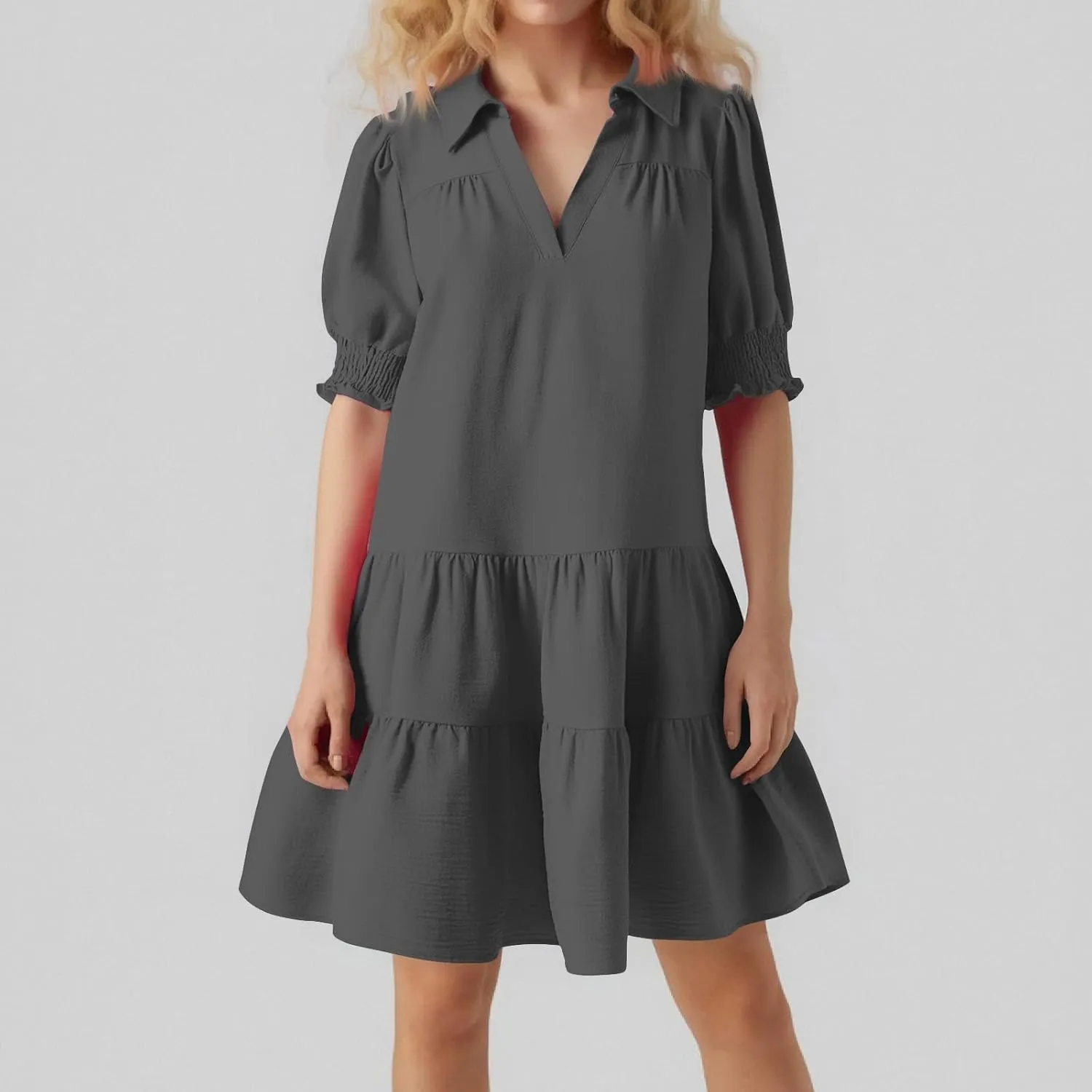 T Shirt Dresses for Women 2025 Puff Sleeve A Line Mini Babydoll Dress Loose Lapel V Neck Short Summer Dresses Trendy