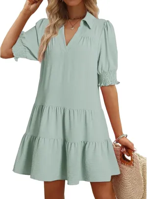 T Shirt Dresses for Women 2025 Puff Sleeve A Line Mini Babydoll Dress Loose Lapel V Neck Short Summer Dresses Trendy