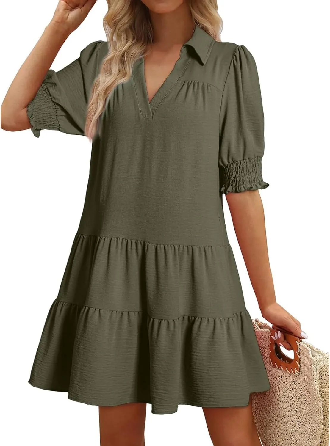 T Shirt Dresses for Women 2025 Puff Sleeve A Line Mini Babydoll Dress Loose Lapel V Neck Short Summer Dresses Trendy