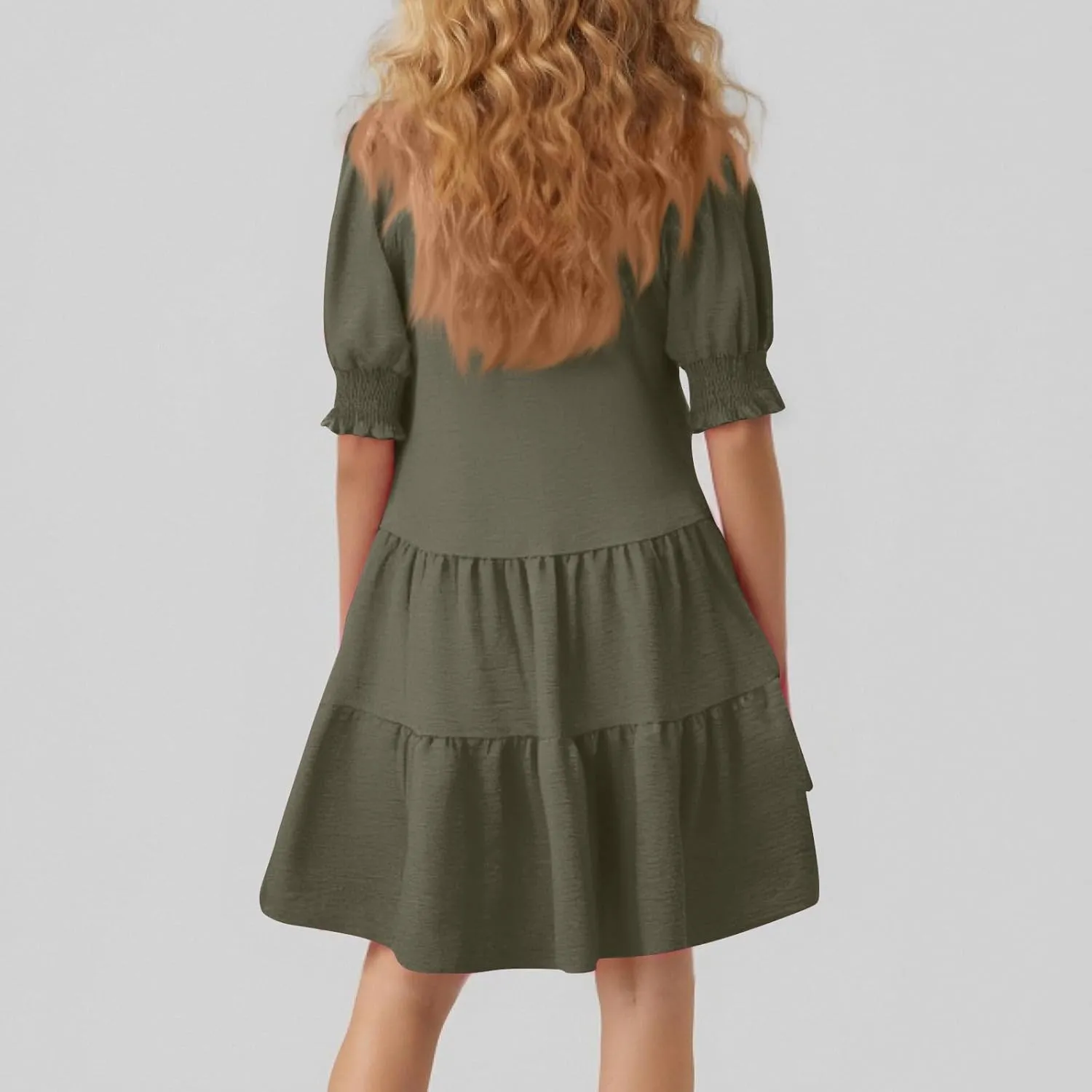 T Shirt Dresses for Women 2025 Puff Sleeve A Line Mini Babydoll Dress Loose Lapel V Neck Short Summer Dresses Trendy